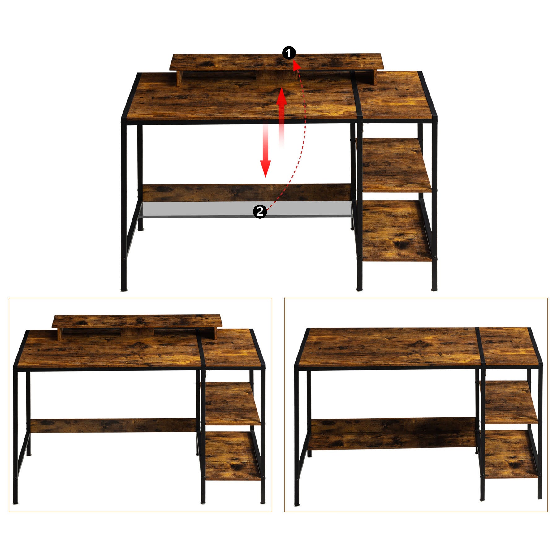 MINOSYS Gaming/Computer Desk - 47” Home Office Small Desk with Monitor Stand, Rustic Writing Desk for 2 Monitors, Adjustable Sto
